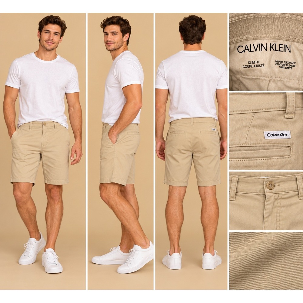 Calvin Klein Chino Shorts Mens 35 Khaki Old Money Quiet Luxury Slim Fit Flex
